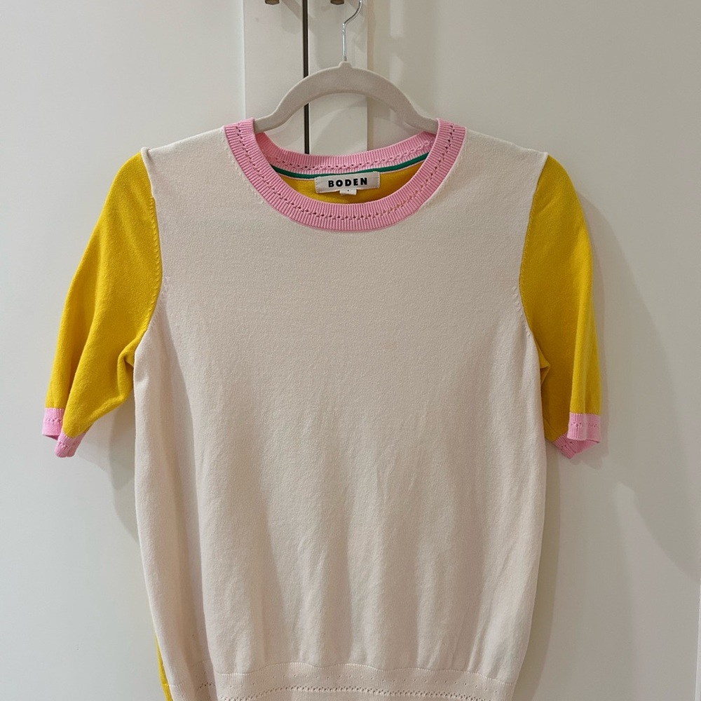 Boden Colorblock Short Sleeved Sweater - Cream, Yellow, Pink